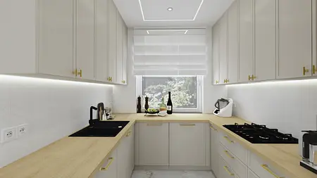 Nowoczesna kuchnia glamour z jasnymi meblami i drewnianym blatem, stylowy design.