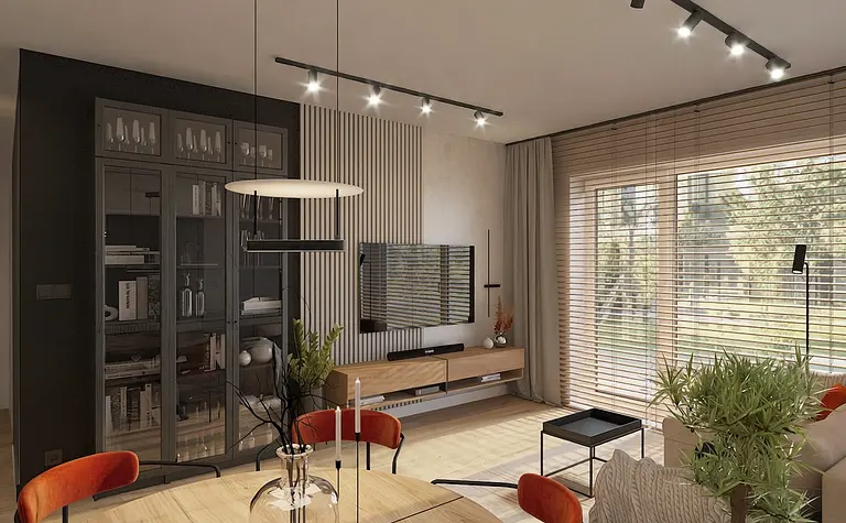 Wnętrze minimalistycznego salonu z drewnianymi meblami i dużymi oknami