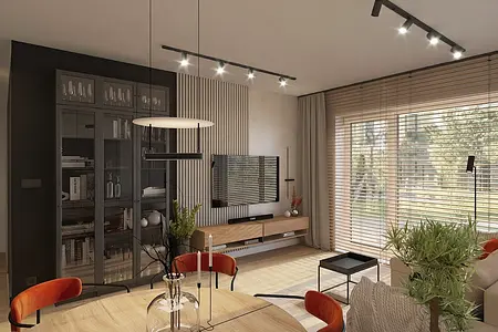 Wnętrze minimalistycznego salonu z drewnianymi meblami i dużymi oknami