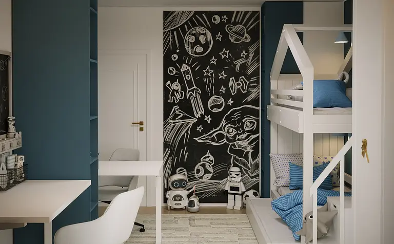 Pokój dziecięcy w stylu boho, eklektycznym i glamour z piętrowym łóżkiem