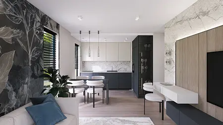 Wnętrze kuchni z minimalistycznym designem, nowoczesnymi meblami oraz współczesnymi akcentami.