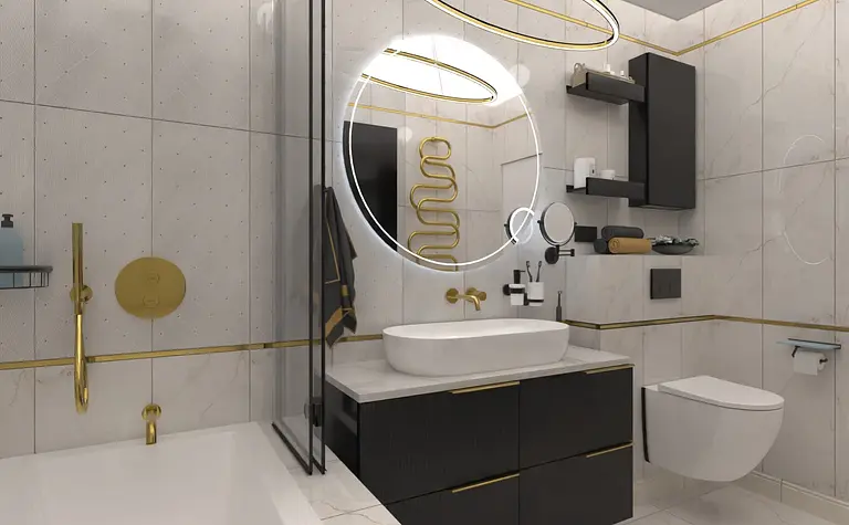Nowoczesna łazienka w stylu boho z elementami glamour i industrialnymi.