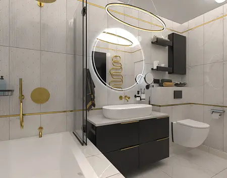 Nowoczesna łazienka w stylu boho z elementami glamour i industrialnymi.
