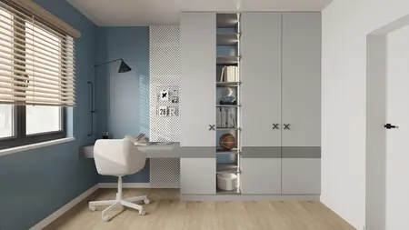 Wnętrze biura z szarymi meblami, niebieską ścianą, nowoczesny styl.
