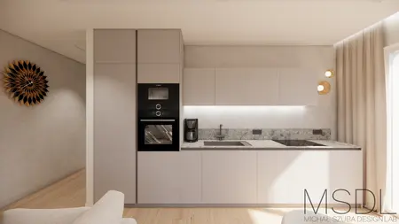 Nowoczesna kuchnia w stylu japandi z białymi i szarymi meblami, minimalistyczny design.