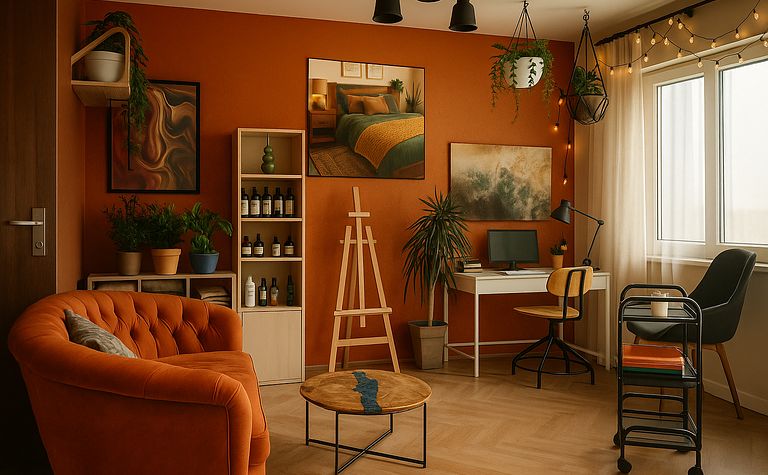 Wnętrze z pomarańczową sofą, biurkiem i roślinami, nowoczesny design.