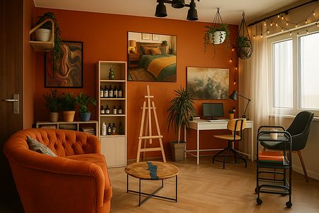 Wnętrze z pomarańczową sofą, biurkiem i roślinami, nowoczesny design.