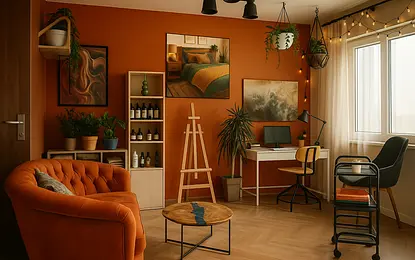 Wnętrze z pomarańczową sofą, biurkiem i roślinami, nowoczesny design.