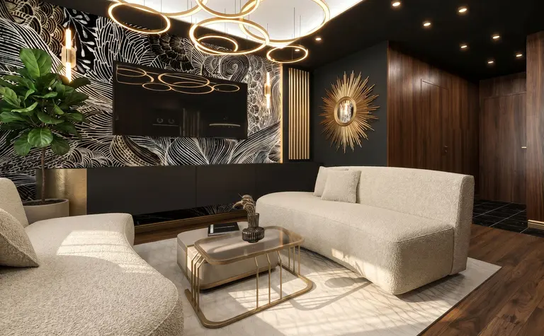 Stylowe wnętrze salonu glamour z jasnymi meblami i złotymi detalami.