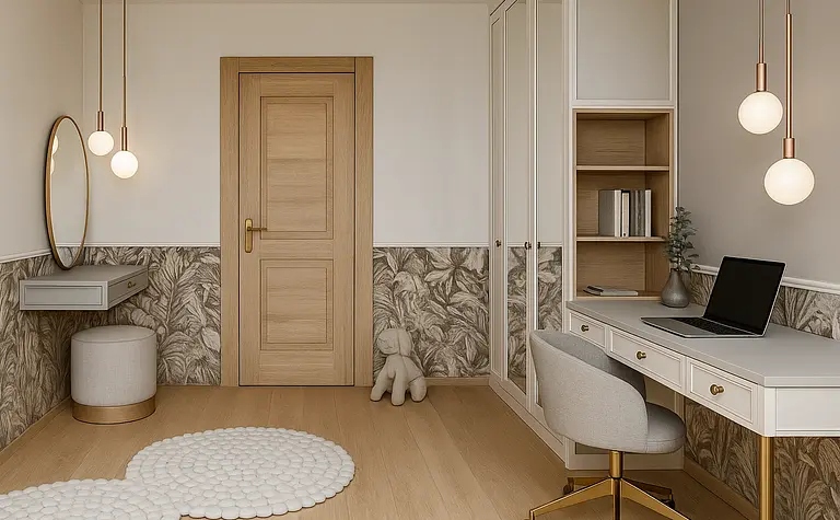 Minimalistyczny gabinet z biurkiem, lustrem i dekoracjami.