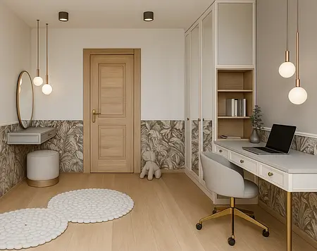 Minimalistyczny gabinet z biurkiem, lustrem i dekoracjami.