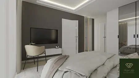 Sypialnia z minimalistycznym wystrojem, szarymi ścianami oraz nowoczesnym meblem.