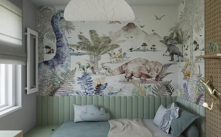 Pokój dziecięcy z muralem dinozaurów i zielonymi meblami, styl glamour, nowoczesny, współczesny.