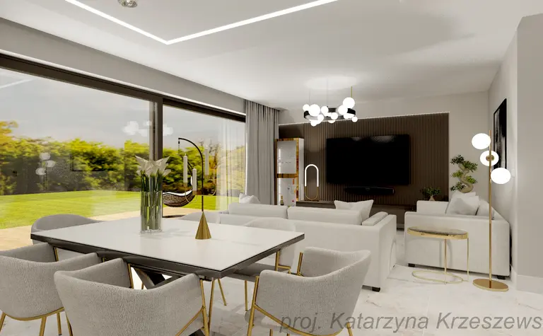 Wnętrze salonu z nowoczesnymi meblami w stylu glamour i minimalistycznym.