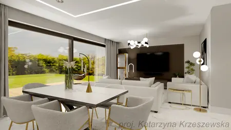 Wnętrze salonu z nowoczesnymi meblami w stylu glamour i minimalistycznym.