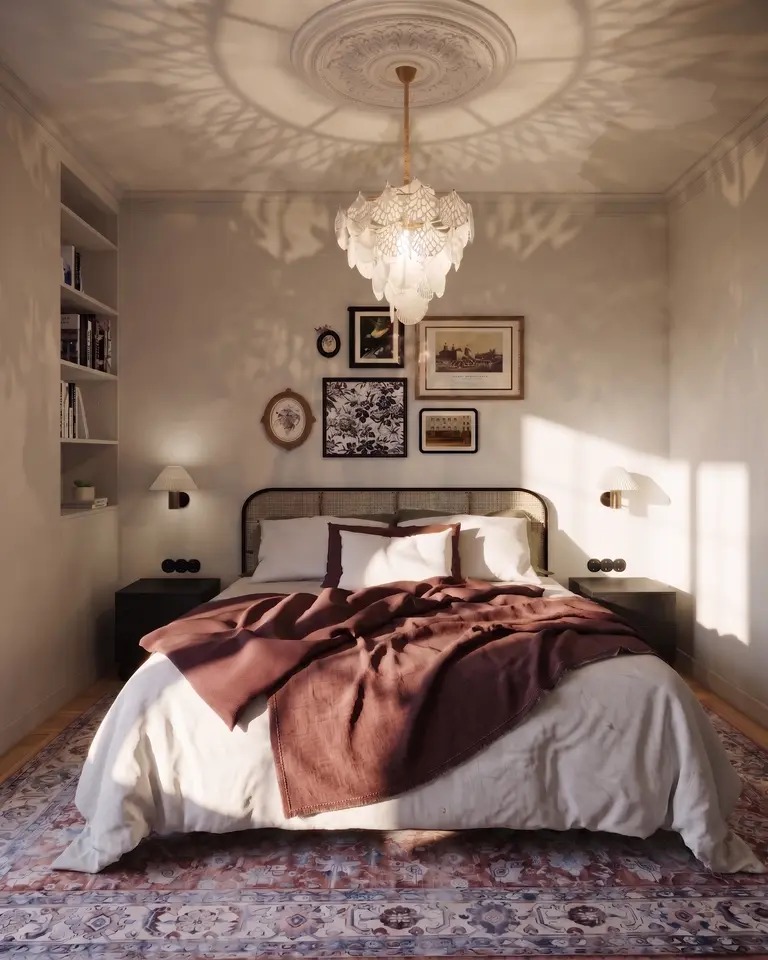 Sypialnia dopamine decor, minimalistyczny, nowoczesny, skandynawski, soft minimalizm z łóżkiem i dywanem