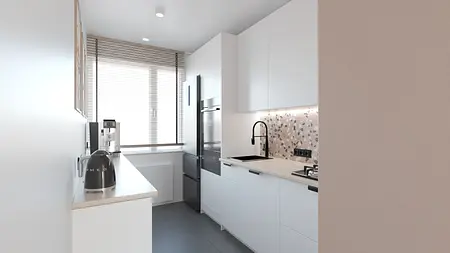 Minimalistyczna kuchnia z białymi meblami i szarym blatem, nowoczesne akcesoria kuchenne.