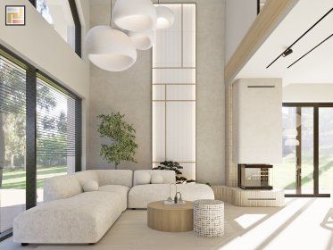 Wnętrze salonu w stylu japandi z białą sofą i drewnianymi akcentami