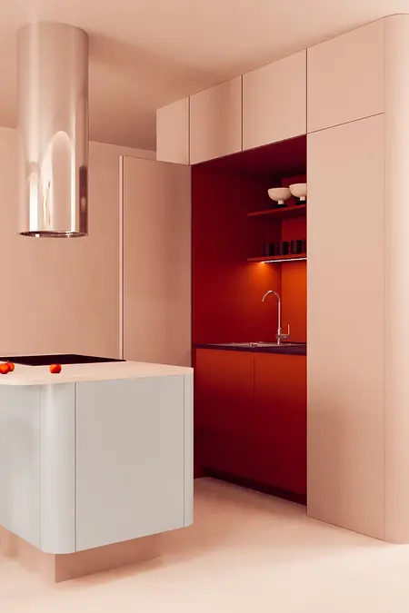 Kuchnia w stylu eklektycznym i minimalistycznym z białymi meblami i czerwonymi detalami.