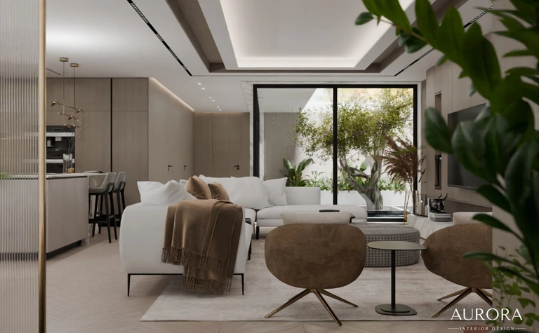 Nowoczesny salon z białą sofą, drewnianymi detalami i roślinami, styl minimaluxe.