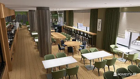 Wnętrze restauracji z drewnianymi akcentami, zielonymi krzesłami, minimalistyczne, rustykalne i tradycyjne.