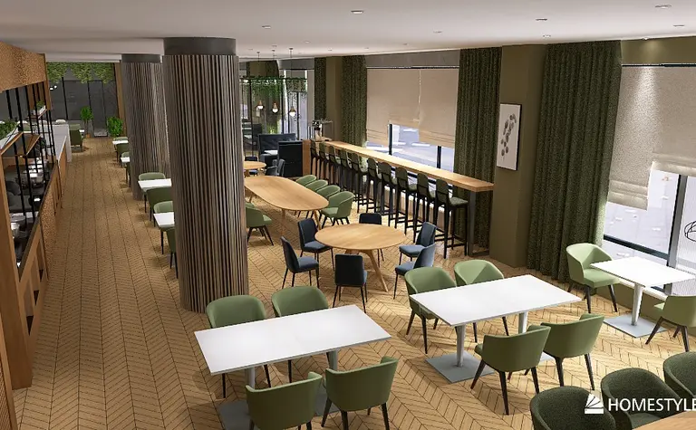 Wnętrze restauracji z drewnianymi akcentami, zielonymi krzesłami, minimalistyczne, rustykalne i tradycyjne.