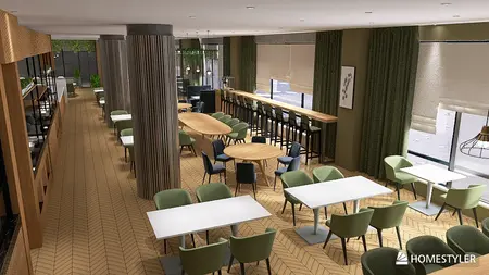 Wnętrze restauracji z drewnianymi akcentami, zielonymi krzesłami, minimalistyczne, rustykalne i tradycyjne.