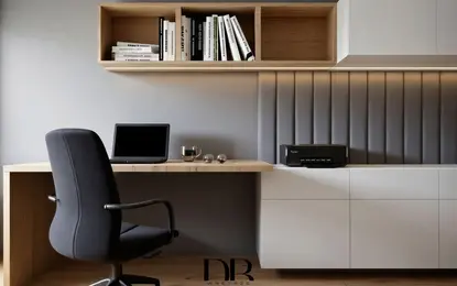 Minimalistyczne biuro z drewnianym biurkiem i nowoczesnym wyposażeniem.