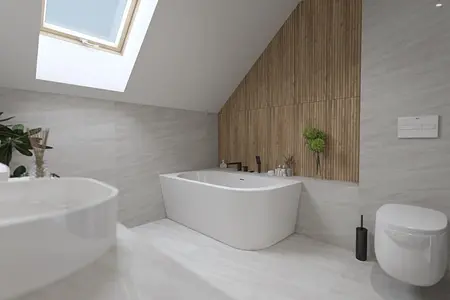 Nowoczesna łazienka w stylu boho z białą wanną i drewnianymi detalami.