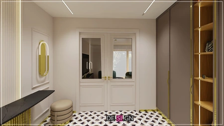 Przedpokój art deco z szafą, lustrem i elegancką podłogą.