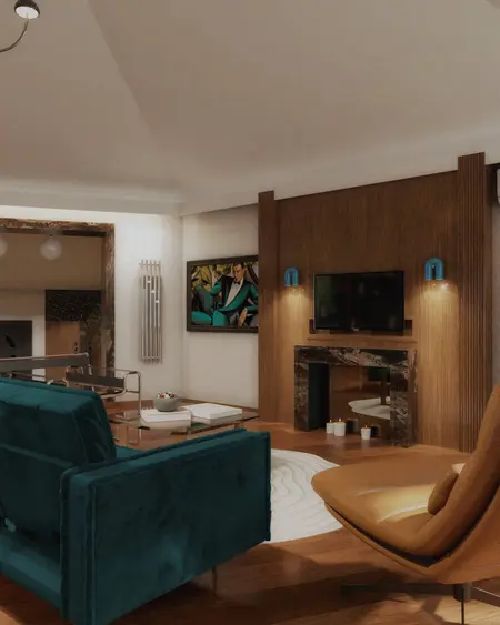 Wnętrze salonu w stylu art deco z niebieską sofą i kominkiem.