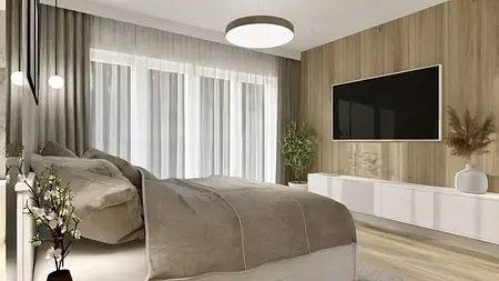 Wnętrze sypialni z szarym łóżkiem i drewnianą ścianą, nowoczesny design.