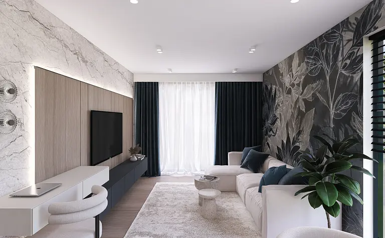 Wnętrze salonu z minimalistycznym designem, nowoczesnymi meblami, współczesnymi dodatkami.