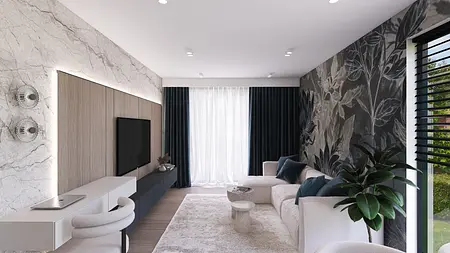 Wnętrze salonu z minimalistycznym designem, nowoczesnymi meblami, współczesnymi dodatkami.