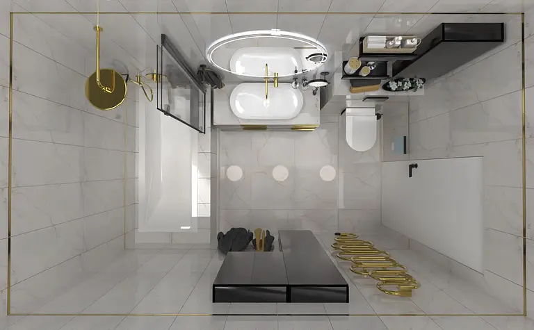 Nowoczesna łazienka z białymi umywalkami i złotymi detalami, w stylu boho i industrialnym.