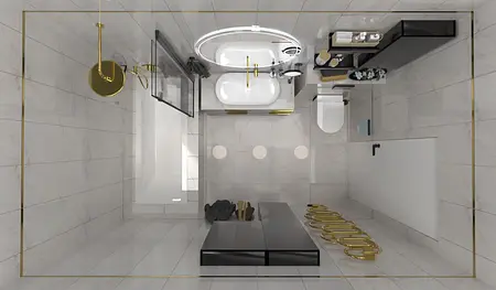 Nowoczesna łazienka z białymi umywalkami i złotymi detalami, w stylu boho i industrialnym.