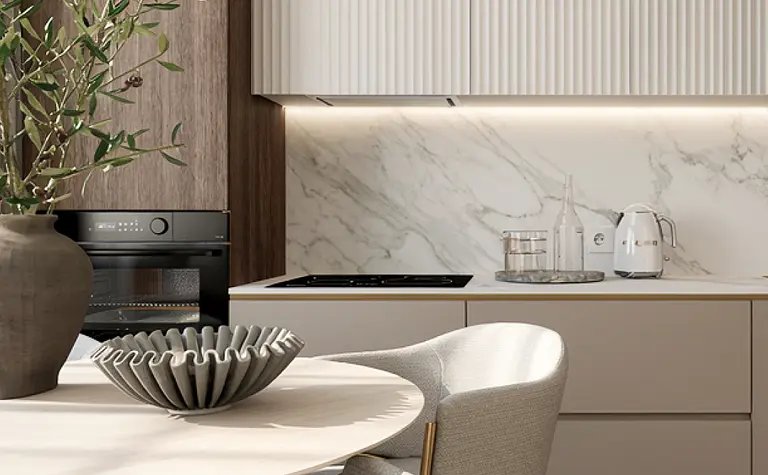 Wnętrze kuchni w stylu minimalistycznym z drewnianymi elementami i nowoczesnym wyposażeniem.