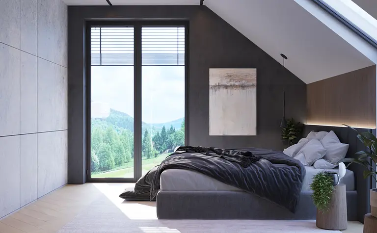 Wnętrze sypialni w stylu minimalistycznym z nowoczesnym łóżkiem i panoramicznym oknem.