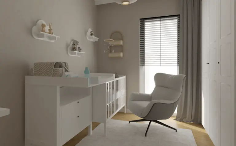 Pokój dziecięcy w stylu industrialnym i minimalistycznym z białymi meblami.