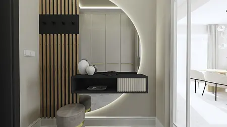 Przedpokój w stylu glamour i nowoczesnym z drewnianymi elementami