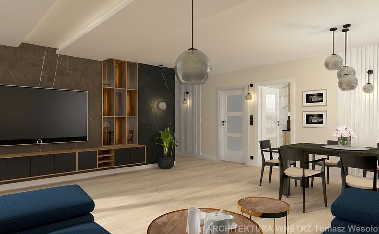 Wnętrze salonu w stylu soft minimalizm z czarnymi akcentami i jasnymi meblami.