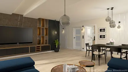 Wnętrze salonu w stylu soft minimalizm z czarnymi akcentami i jasnymi meblami.