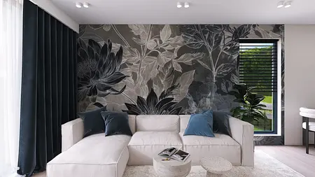 Wnętrze salonu z jasną sofą, ciemnymi zasłonami i roślinami, styl minimalistyczny, nowoczesny, współczesny.