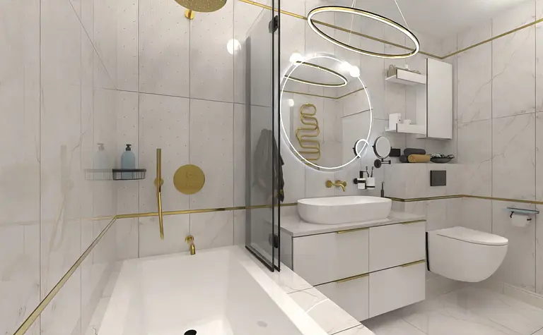 Nowoczesna łazienka w stylu boho z elementami glamour i industrialnymi.