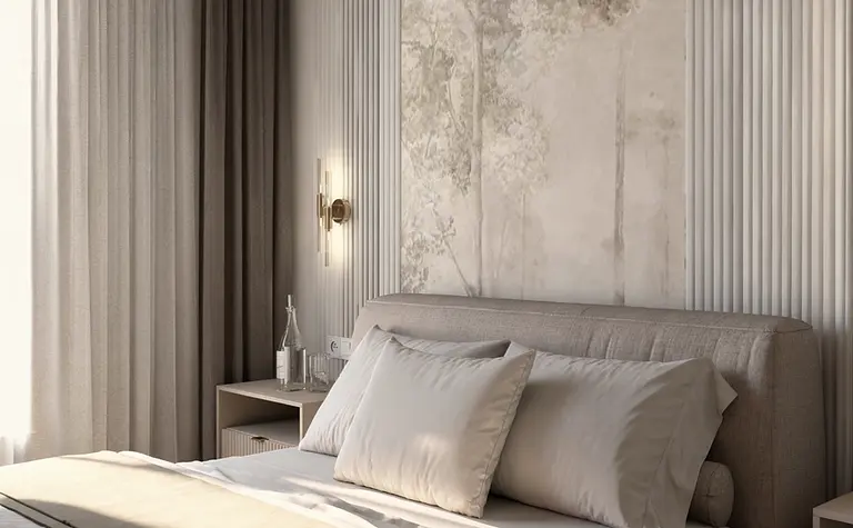 Sypialnia w stylu minimalistycznym z nowoczesnym oświetleniem i miękkimi tkaninami.