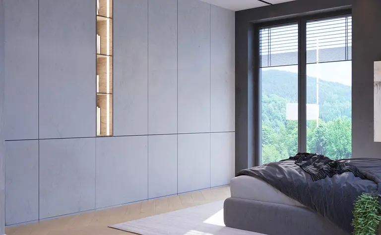 Wnętrze sypialni z minimalistycznym designem, szare ściany i duże okno z widokiem.