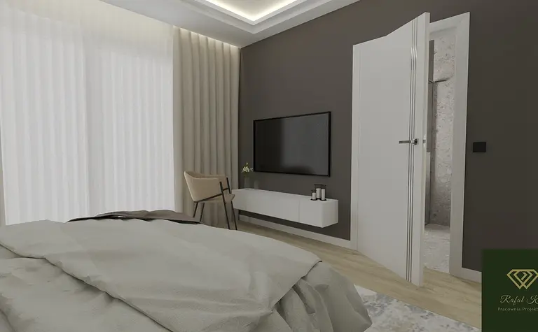 Sypialnia z minimalistycznym wystrojem, szare ściany, białe meble, nowoczesne dodatki.