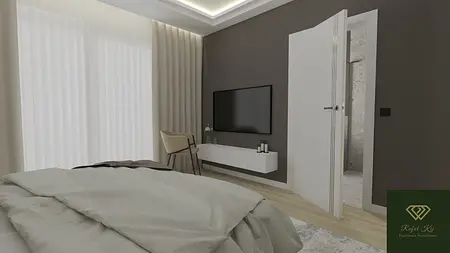 Sypialnia z minimalistycznym wystrojem, szare ściany, białe meble, nowoczesne dodatki.