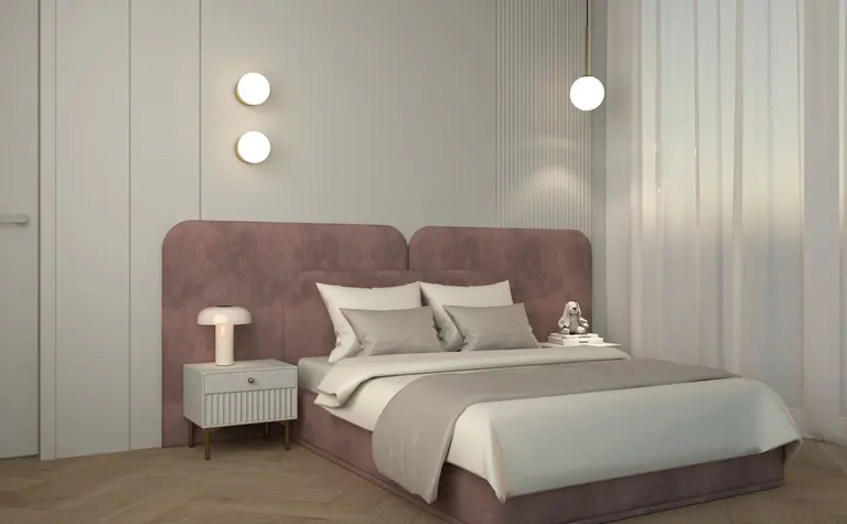 Wnętrze sypialni w stylu art deco, minimalistycznym i współczesnym z różowym łóżkiem.