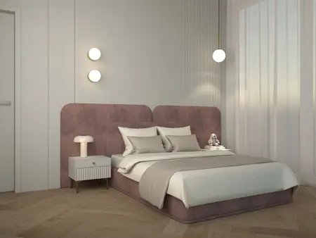 Wnętrze sypialni w stylu art deco, minimalistycznym i współczesnym z różowym łóżkiem.